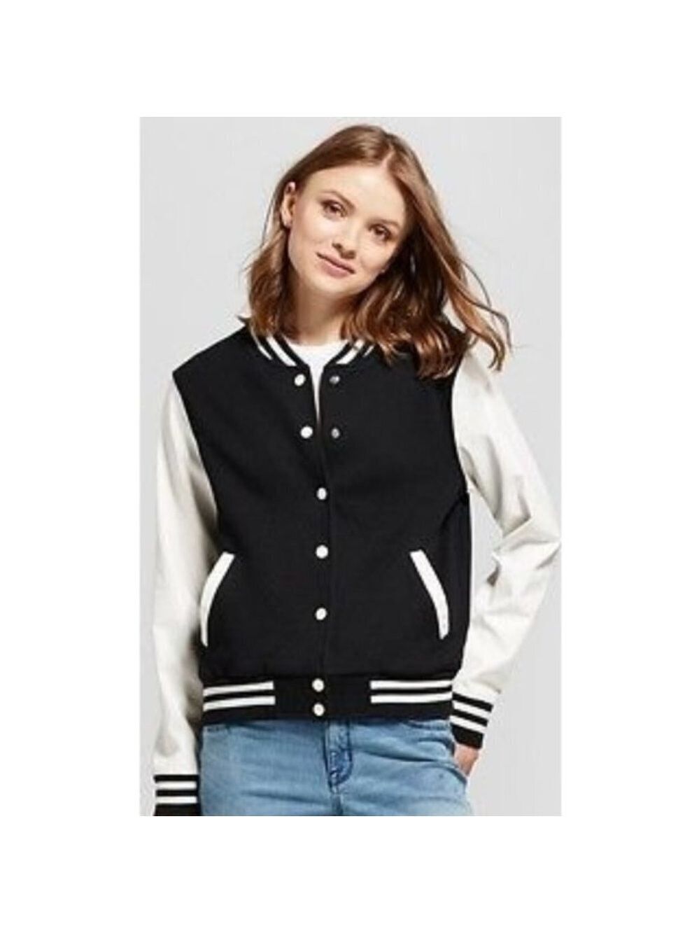 Mossimo Black White Varsity Letterman Bomber Jacket Large